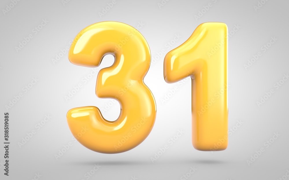 Yellow Bubble Gum number 31 isolated on white background. 3D rendered illustration. Best for anniversary, birthday party, new year celebration. Yellow Bubble Gum number 31 isolated on white background. 3D rendered illustration. Best for anniversary, birthday party, new year celebration.