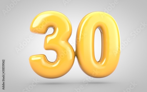 Yellow Bubble Gum number 30 isolated on white background. 3D rendered illustration. Best for anniversary, birthday party, new year celebration.