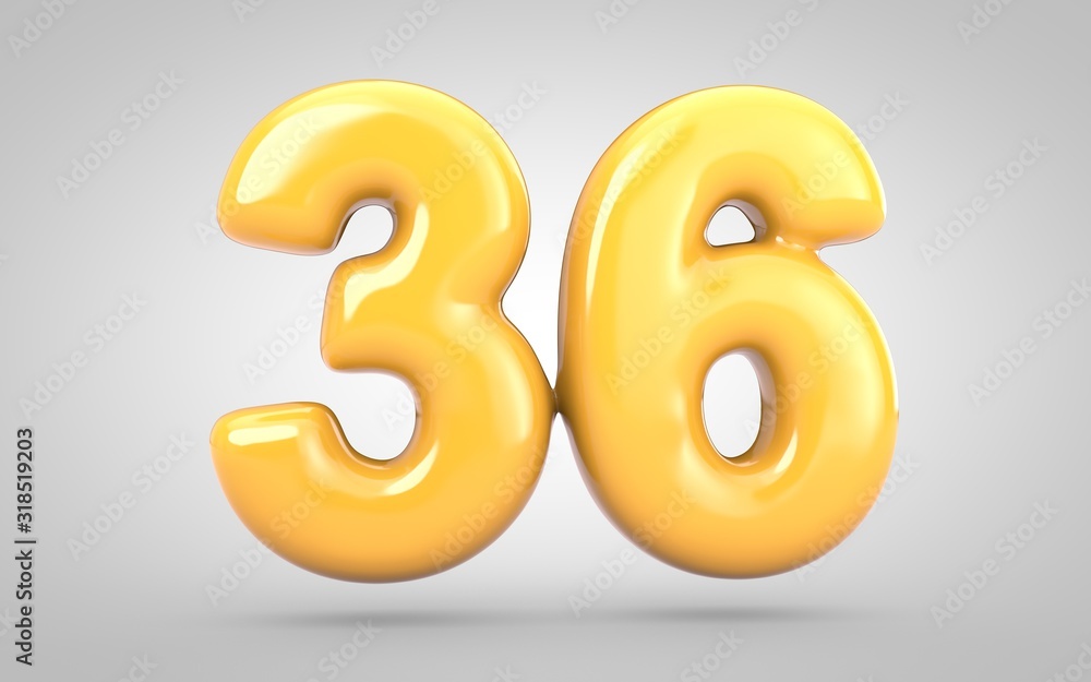 Yellow Bubble Gum number 36 isolated on white background. 3D rendered illustration. Best for anniversary, birthday party, new year celebration. Yellow Bubble Gum number 36 isolated on white background. 3D rendered illustration. Best for anniversary, birthday party, new year celebration.