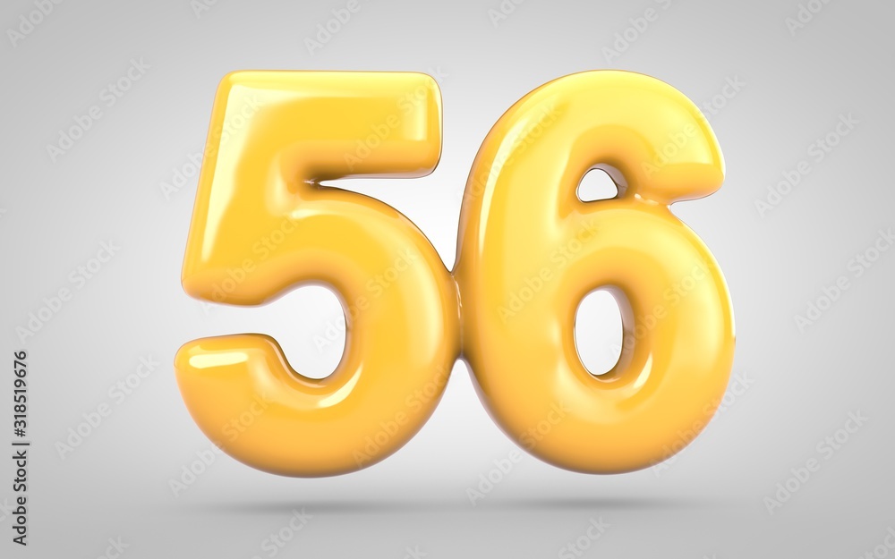 Yellow Bubble Gum number 56 isolated on white background. 3D rendered illustration. Best for anniversary, birthday party, new year celebration. Yellow Bubble Gum number 56 isolated on white background. 3D rendered illustration. Best for anniversary, birthday party, new year celebration.