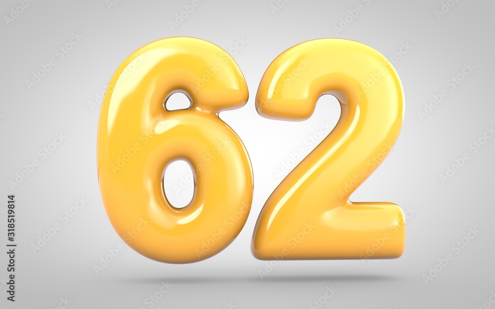 Yellow Bubble Gum number 62 isolated on white background. 3D rendered illustration. Best for anniversary, birthday party, new year celebration. Yellow Bubble Gum number 62 isolated on white background. 3D rendered illustration. Best for anniversary, birthday party, new year celebration.