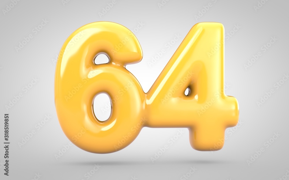 Yellow Bubble Gum number 64 isolated on white background. 3D rendered illustration. Best for anniversary, birthday party, new year celebration. Yellow Bubble Gum number 64 isolated on white background. 3D rendered illustration. Best for anniversary, birthday party, new year celebration.