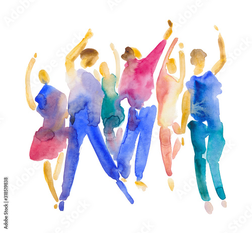 Hand drawn watercolor illustration. Dancing people. People shaped watercolor stains
