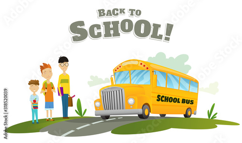 Boys waiting for transport. Classic american old school bus. Back to school. Ride on road. Free travel. Color vector school banner
