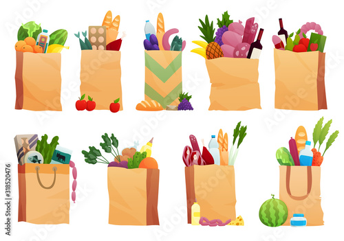 Set of paper bag with Fresh Food - vector illustration in flat style. Different food and beverage products, grocery shopping. Fruits, vegetables, ham, cheese, bread, milk