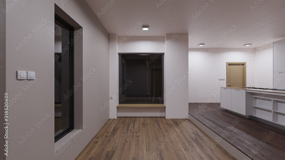 Obraz premium Illuminated Open Plan Kitchen at Nighttime Without Furniture 3D Rendering