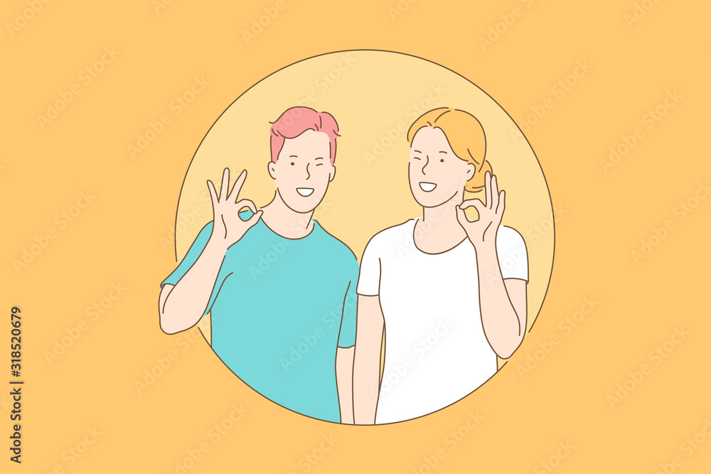 Ok sign, approval concept. Delighted contented man and woman are showing ok sign. Happy cheerful boy and girl approve action. Smiling merry teenagers joyfully show endorcement. Simple flat vector