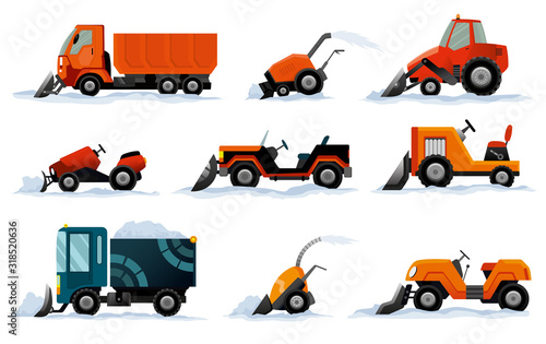 Snow removers. Road works. Set of snowplow equipment isolated on white background. Snow plow truck, excavator bulldozer, mini tractor snowblower transportation