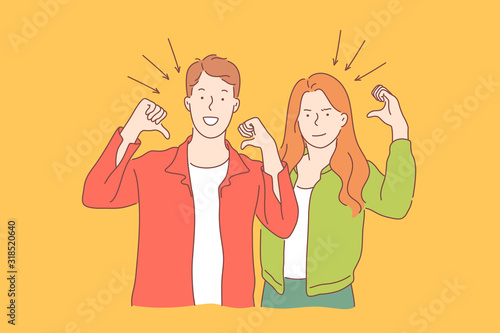 Smiling young people, good mood, optimism concept. Positive emotions, self presentation, happy boyfriend and girlfriend showing themselves, sign language, glad facial expression. Simple flat vector