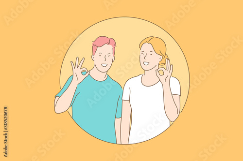 Ok sign, approval concept. Delighted contented man and woman are showing ok sign. Happy cheerful boy and girl approve action. Smiling merry teenagers joyfully show endorcement. Simple flat vector
