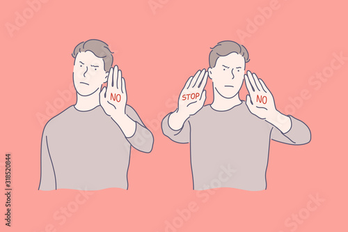 Stop sign, refusal sign, anger set concept. Young serious man shows stop sign. Angry guy shows refusal sign. Young boy refuses from offer or help. Man angers, demands other to stop. Simple flat vector