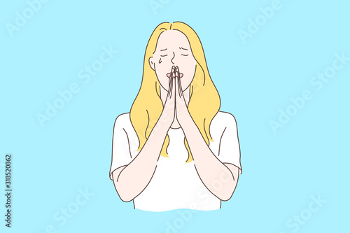 Praying, asking for God help concept. Young girl with folded hands and closed eyes, crying, asking for forgiveness, repenting, regretting, religious woman shriving. Simple flat vector