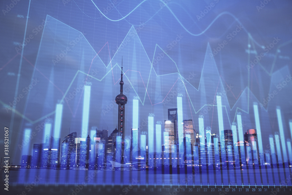 Forex chart on cityscape with tall buildings background multi exposure. Financial research concept. Forex chart on cityscape with tall buildings background multi exposure. Financial research concept.