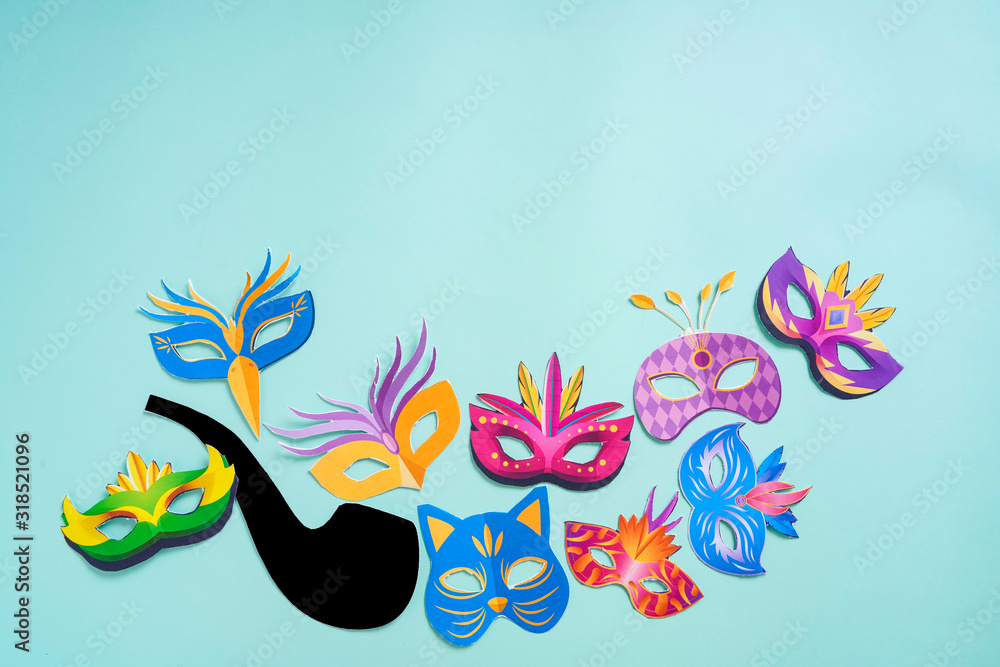 Fototapeta premium Concept of carnival festival, Hand made carnival mask, mustache and hat