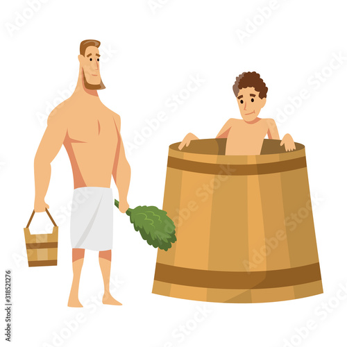 Young man sitting in a tub. Bathhouse or banya procedure. Vector flat people. Activity for wellness and recreation. People Enjoying Sauna Procedures