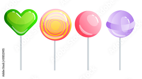 Set of sweets on white background - hard candy and bar, candy cane, lollipop, candy on stick. Tasty delicious. Vector illustration