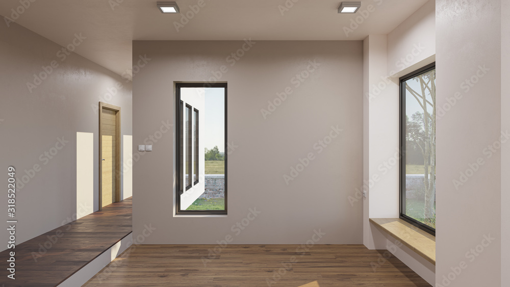Obraz premium Part of the Empty Ground Floor with Windows in Daylight 3D Rendering