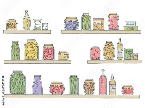 Shelves set graphic color isolated sketch can food grocery store illustration vector