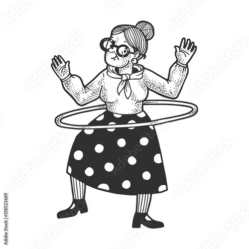 Old woman grandmother with Hula hoop sketch engraving vector illustration. T-shirt apparel print design. Scratch board imitation. Black and white hand drawn image.