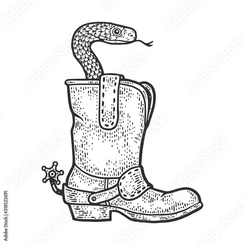 Snake viper in a cowboy boot sketch engraving vector illustration. T-shirt apparel print design. Scratch board imitation. Black and white hand drawn image.
