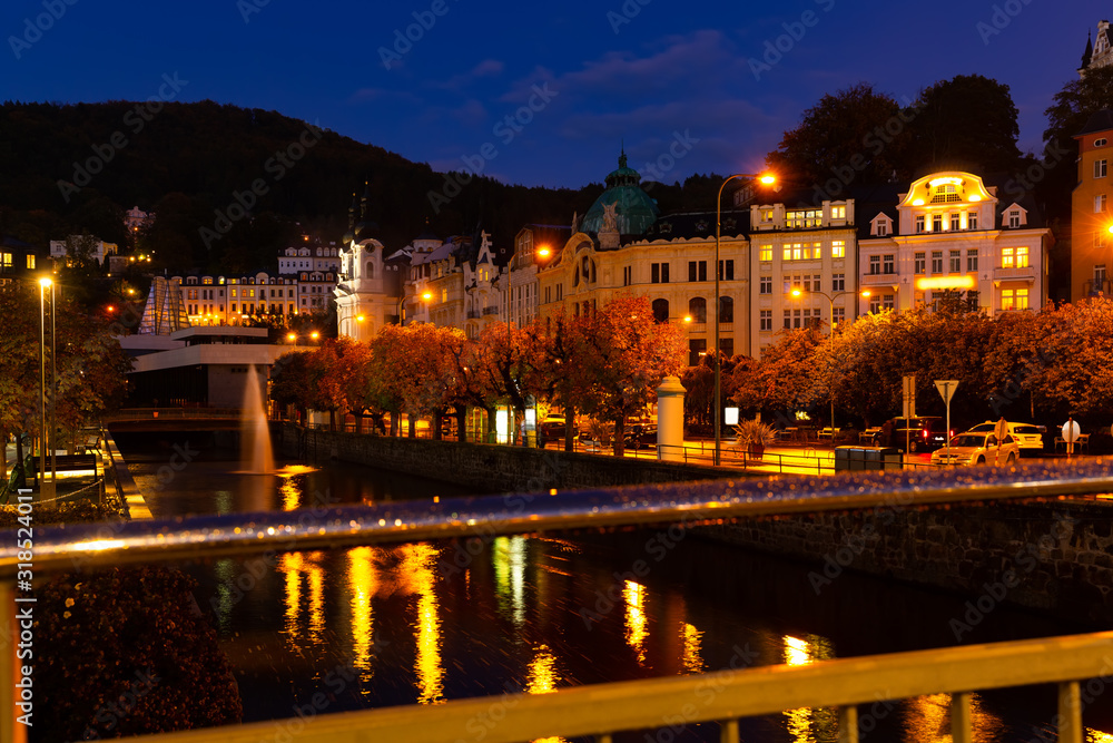 Embankments of Karlovy Vary in evening, Czech Republic