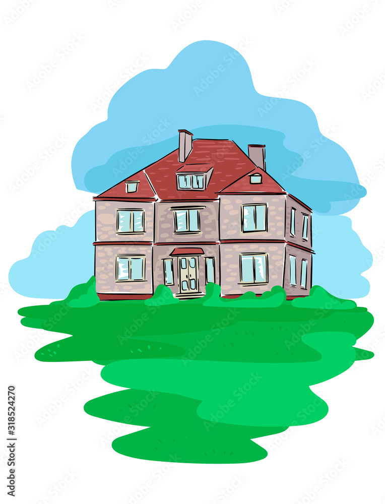 House. Old family cottage. Lawn and sky. Hand-drawn picture. Vector illustration