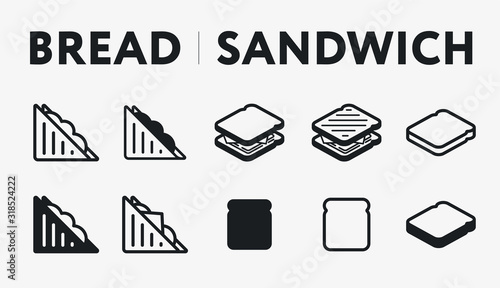 Isometric Bread Toast Breakfast. Triangle Sandwich. Fast Food. Flat Vector Line Icon Set.