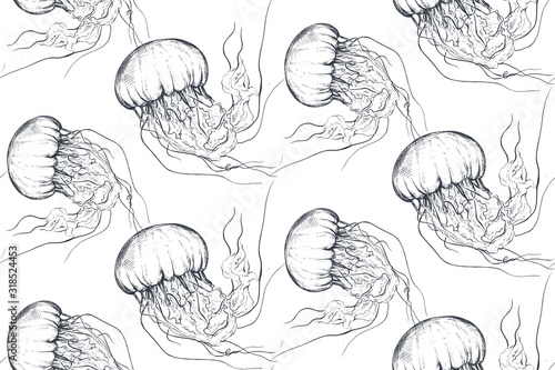 Vector monochrome seamless sea pattern with jellyfish. Underwater world