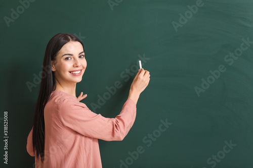 Female teacher writing on b...