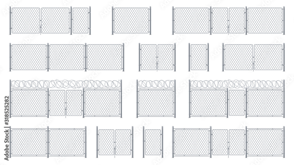 Αυτοκόλλητο Set of isolated chain link fences with barbed wires and chainlink, entrance or gate, cage wicket