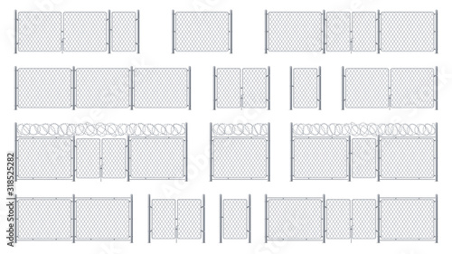 Set of isolated chain link fences with barbed wires and chainlink, entrance or gate, cage wicket. Barrier for jail or obstacle for security, steel or metal wall with barbwire, chained military border photo