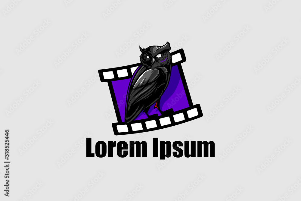 Owl with a roll film cartoon character vector logo template Owl with a roll film cartoon character vector logo template