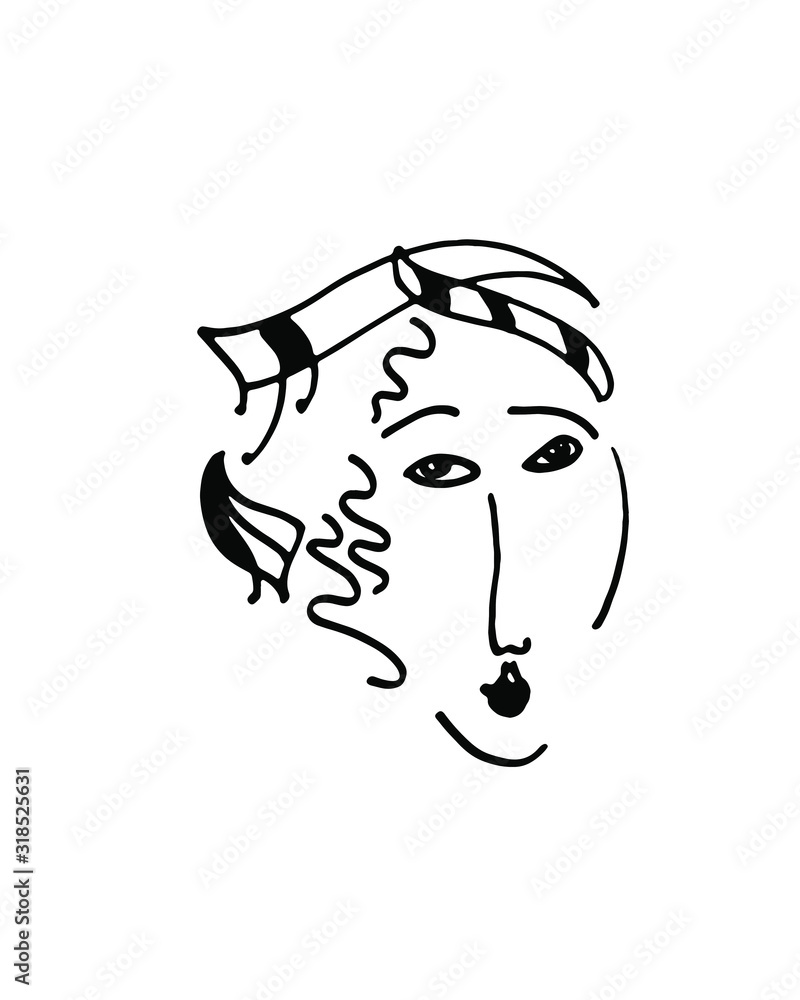 Fototapeta premium Minimal black and white line drawing of abstract young asian woman.