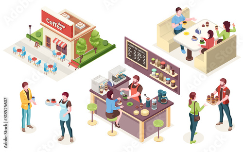 Coffeehouse, cafe or coffee shop, vector isometric icons. Cafe interior and staff, barista at counter with coffee machine, waiter and woman with takeaway cup, friends at cafeteria tables in street