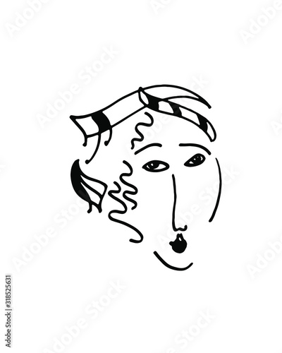 Minimal black and white  line drawing of abstract young asian woman.