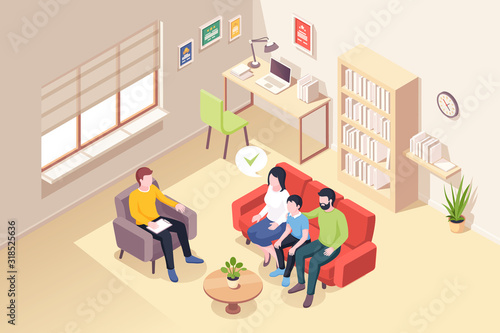 Family at psychologist counseling, vector isometric illustration of people at psychologist counselor couch. Man and woman with son at psychology counseling session, family and kid relationship problem