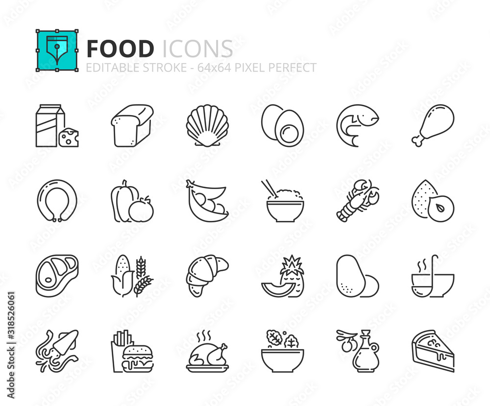 Simple set of outline icons about Food. Fruit and vegetables, protein, and grains Simple set of outline icons about Food. Fruit and vegetables, protein, and grains