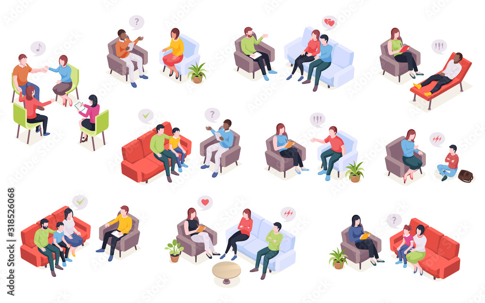 People at psychotherapy session, psychologist counseling for family couples and kids, vector isometric design. Psychologist doctor and patients in couch at psychology therapy talking about problems
