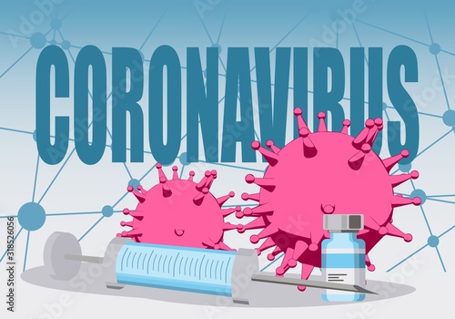 Abstract virus image on backdrop and Coronavirus text. Coronavirus virus danger relative illustration. Medical research theme. Virus epidemic alert
