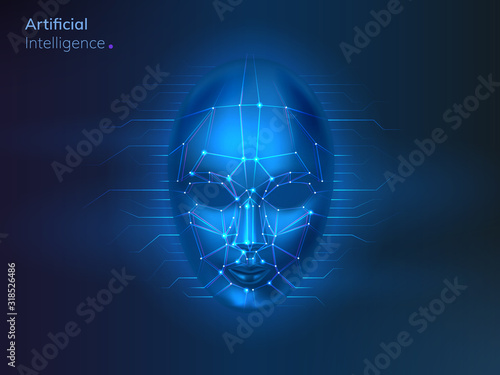 Digital face recognition concept. Artificial intelligence or AI, machine learning technology for facial ID detect, biometric scan or blue head verification. Identification, security, futuristic theme © Sensvector