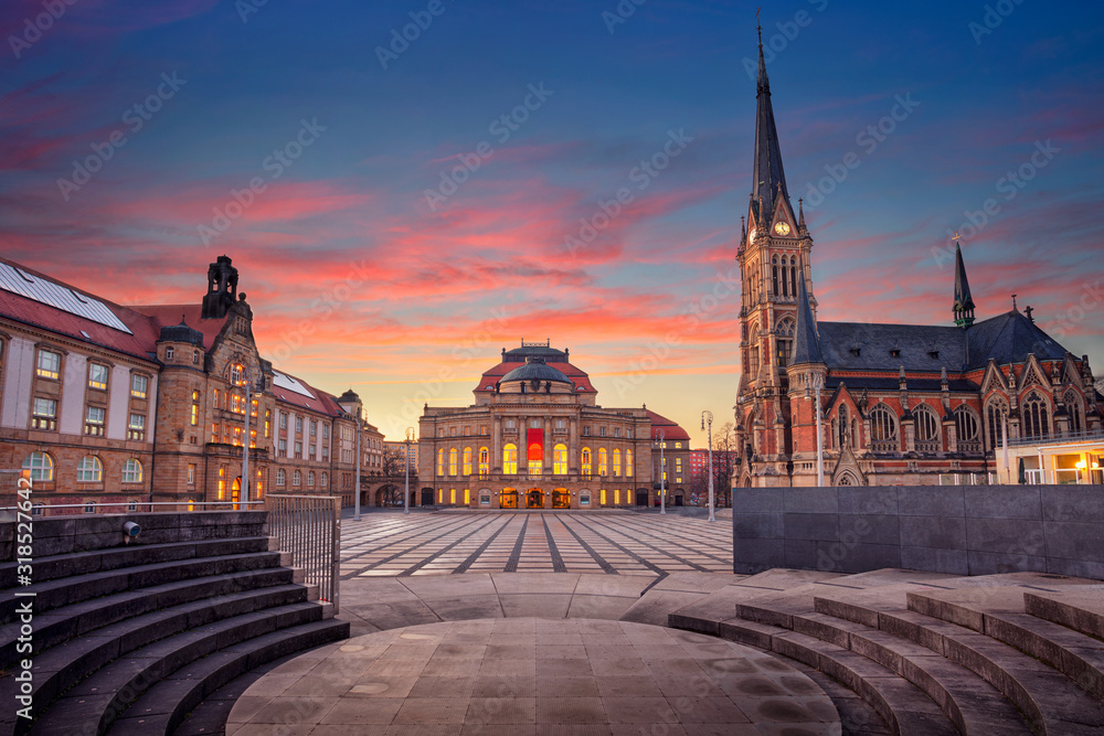 Chemnitz, Germany. Cityscape image of Chemnitz, Germany with Chemnitz Opera and St. Petri Church during beautiful sunset.