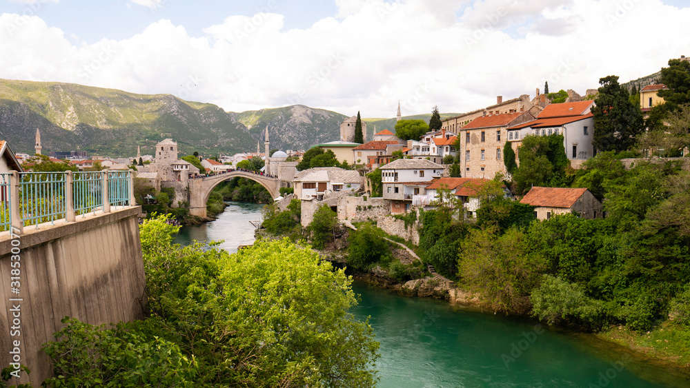 Panoramic view of the historic town of Mostar with famous Old Bridge (Stari Most), Bosnia and Herzegovina.