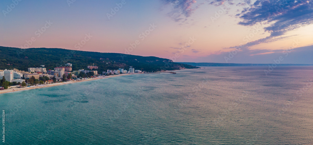 Panoramic view of Golden Sands beach in Bulgaria. 2019