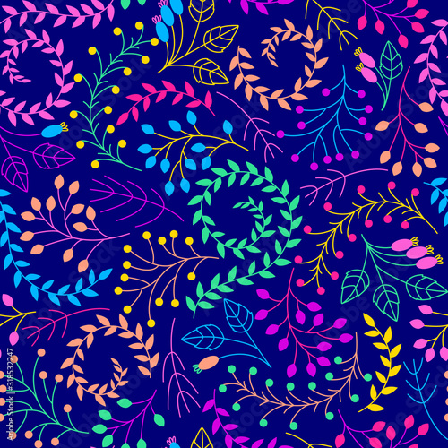 Seamless floral pattern on a dark blue background. Bright flat paints on a dark background. Flat vector illustration.