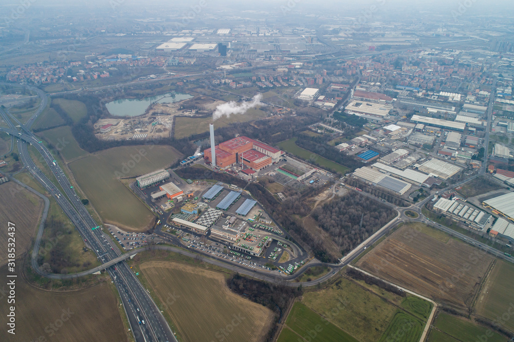 Fototapeta premium Aerial view of waste collection center with incinerator