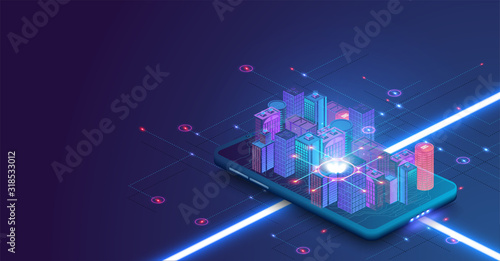 Smart city or intelligent building isometric vector concept. Building automation with computer networking illustration. Intelligent buildings in future city. Smart city building on smartphone. Blue