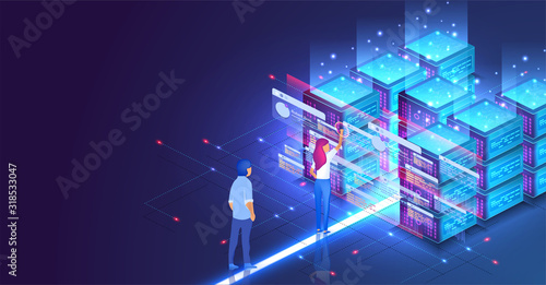 Isometric concept a young woman and man creates a custom design datacenter or blockchain background.Hosting server. UI UX design. Network mainframe infrastructure website layout. Landing page template photo