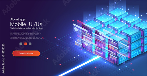 Energy station of future. hardware of global data center. Big data processing and analysing landing page vector template. Analytics data servers, server room banner. Network mainframe infrastructure.