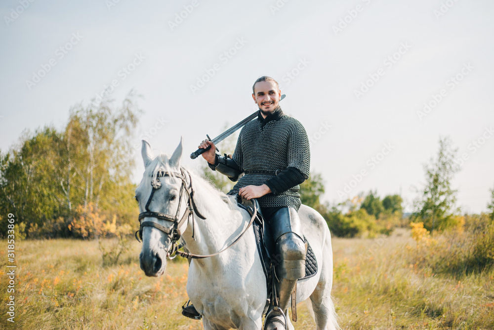 Knight on horseback. Armored guy with a white horse. A man in chain mail. Image of a warrior