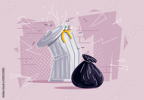 Vector illustration of a garbage can with a garbage bag on the background of a brick wall